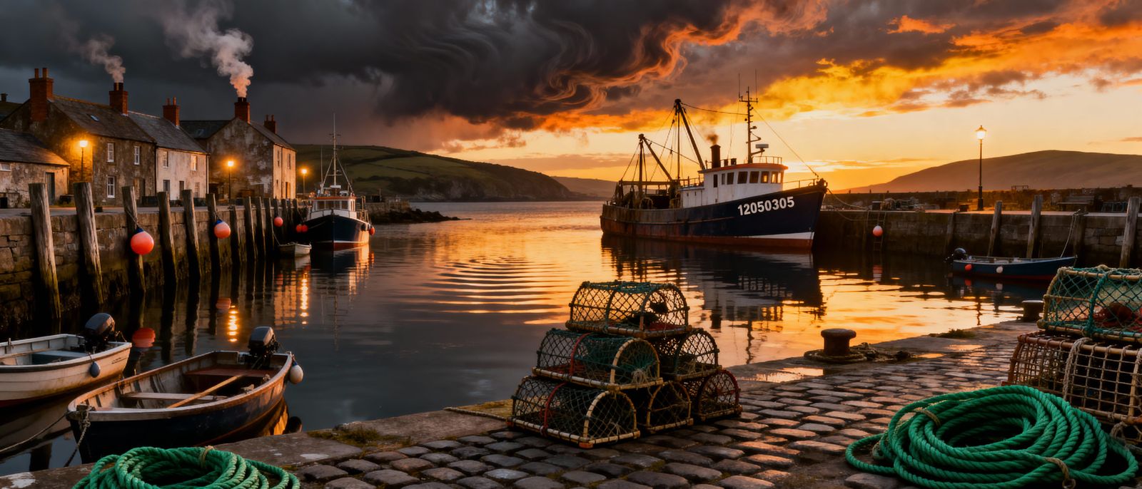 Hyperrealistic Harbor Sunset with Fishing Boats and Calm Wat...