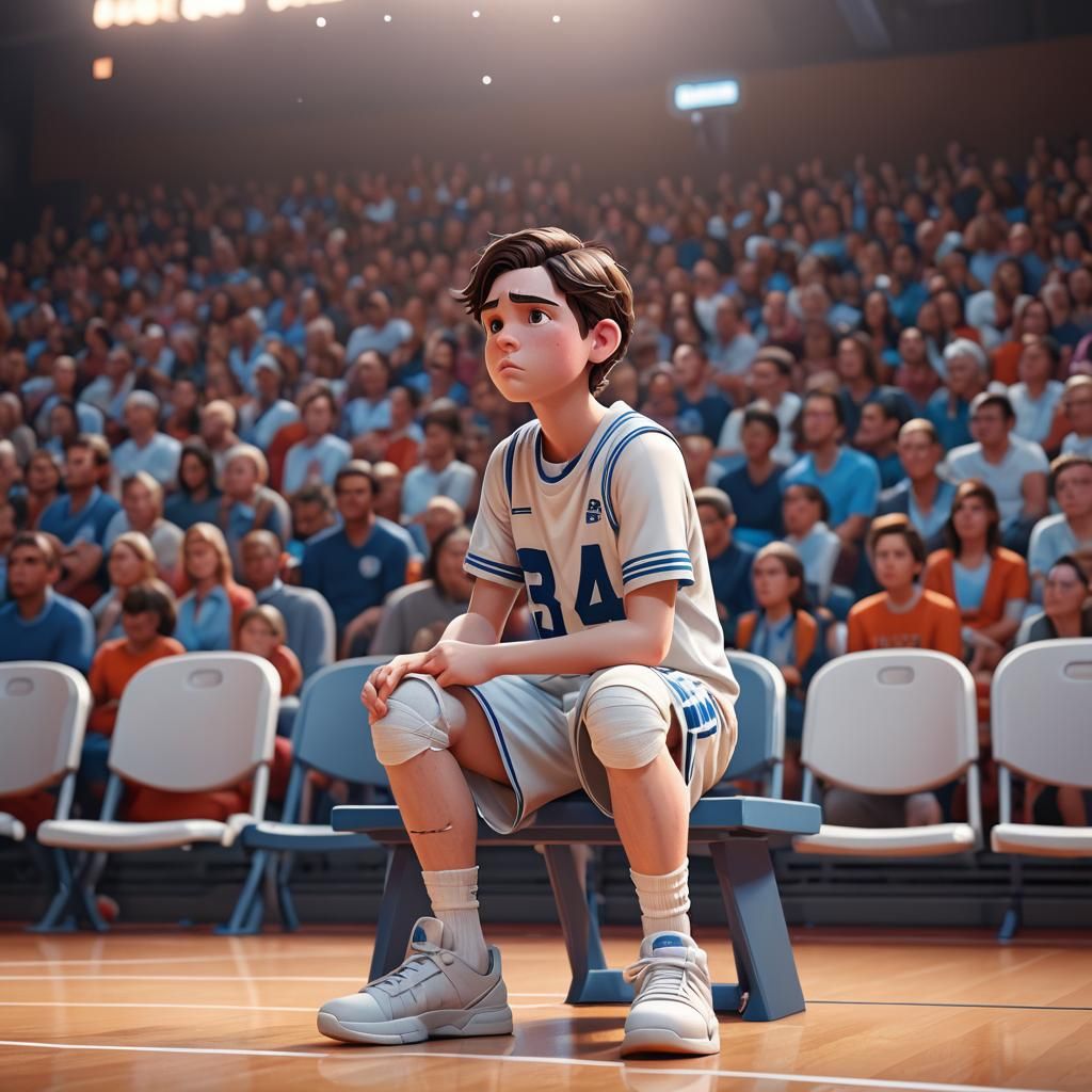 Sad Kid Watches Basketball Game as 3D Digital Art