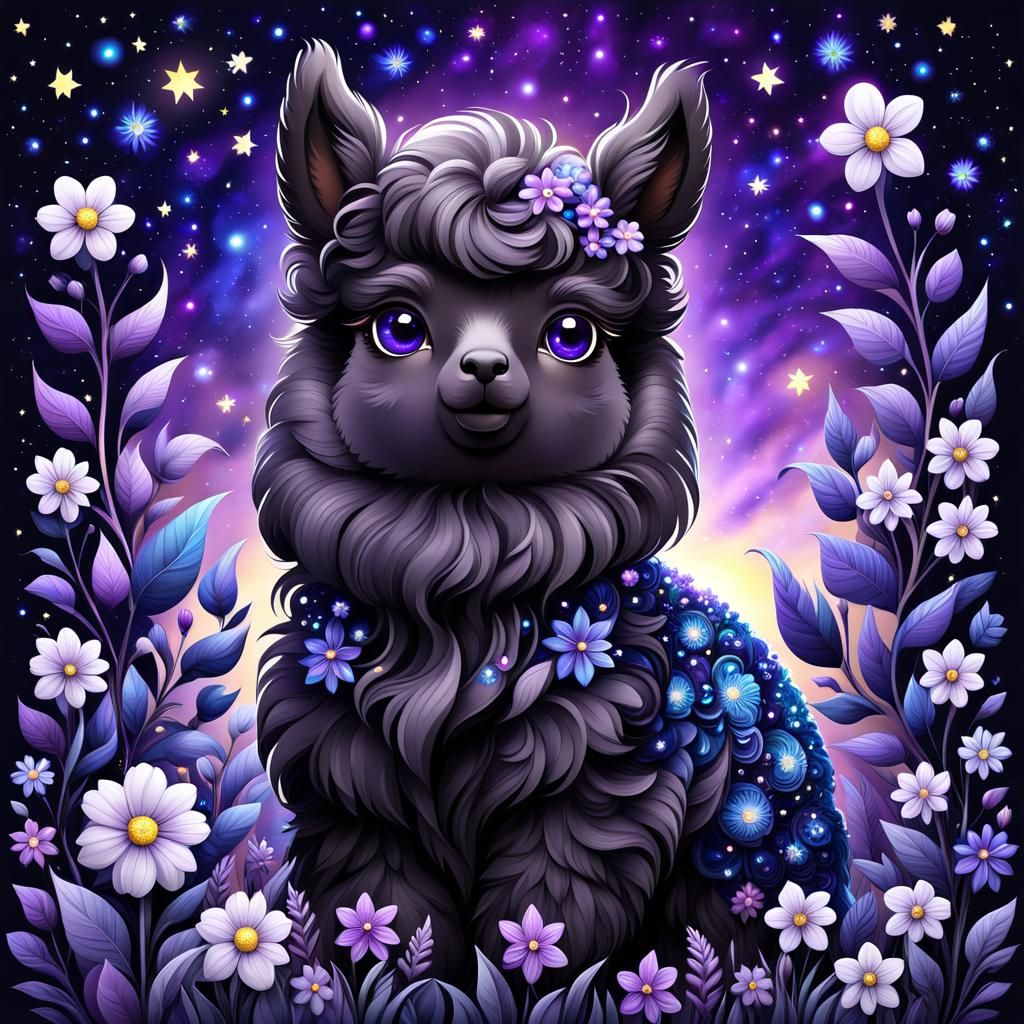 Chibi Black Alpaca Under Starry Night in 8K