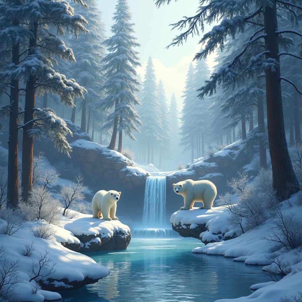Mystical Snow Forest with Snow Bears, Fantasy Art
