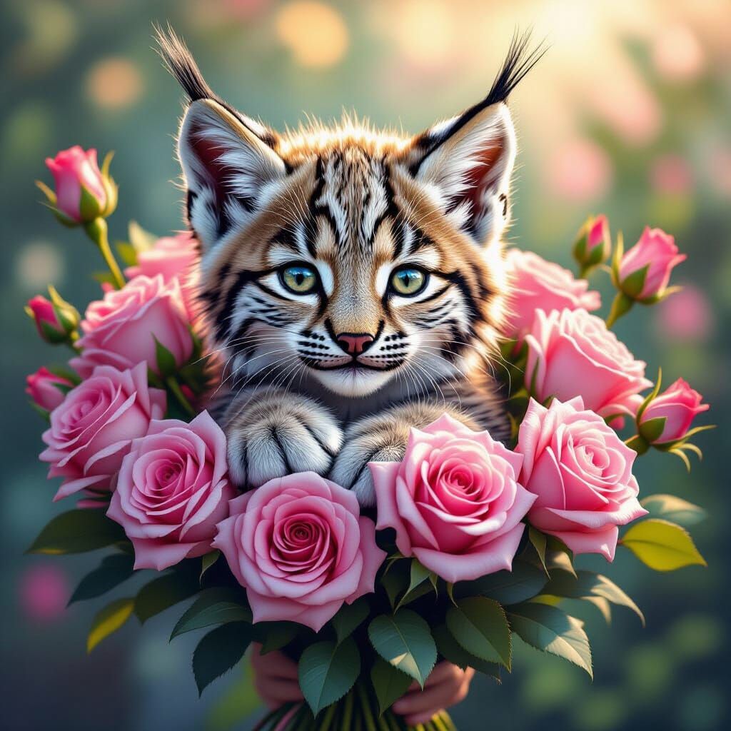 Baby Lynx in Pink Roses: Hyperrealistic Splash Art