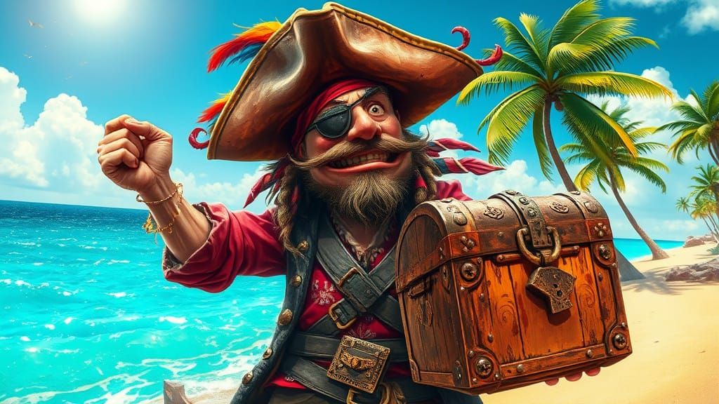 Swashbuckling Pirate Adorns Desert Island with Treasure