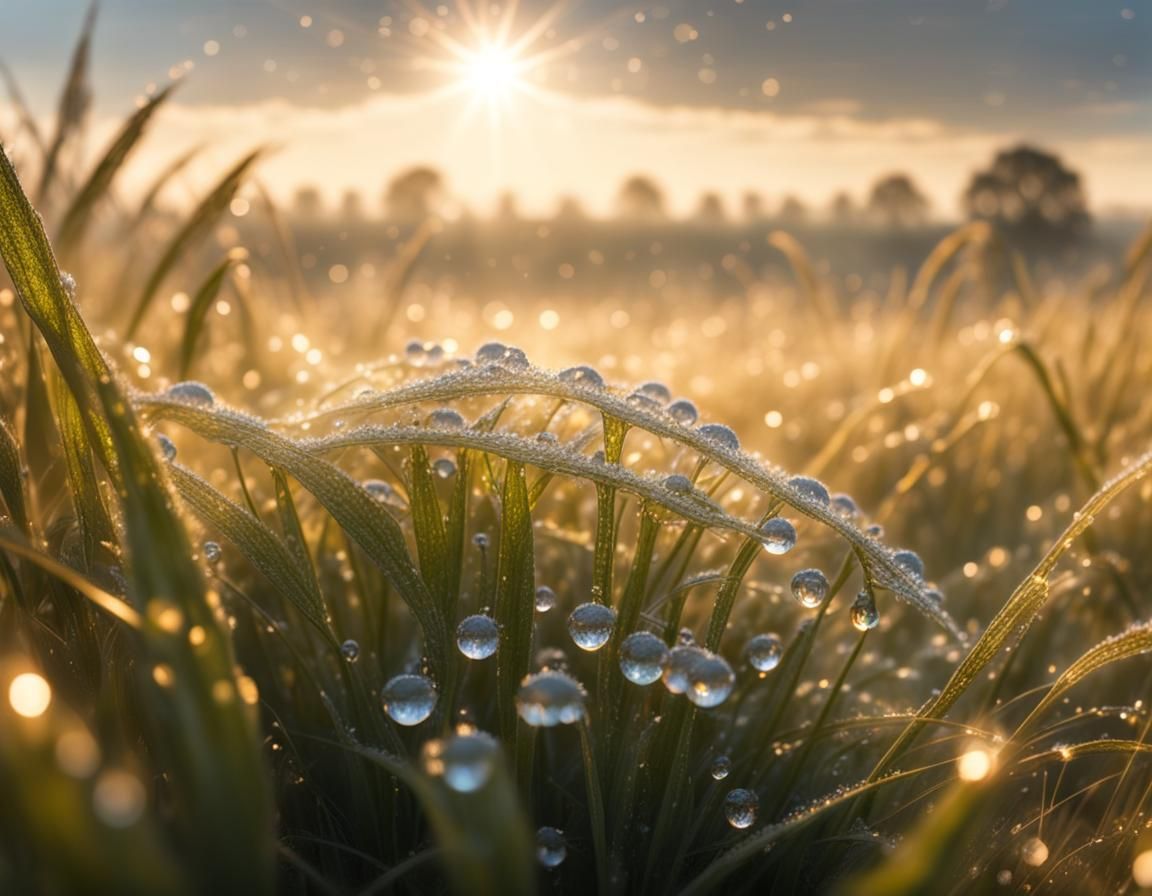 Sparkling Dew on a Prairie at Sunrise