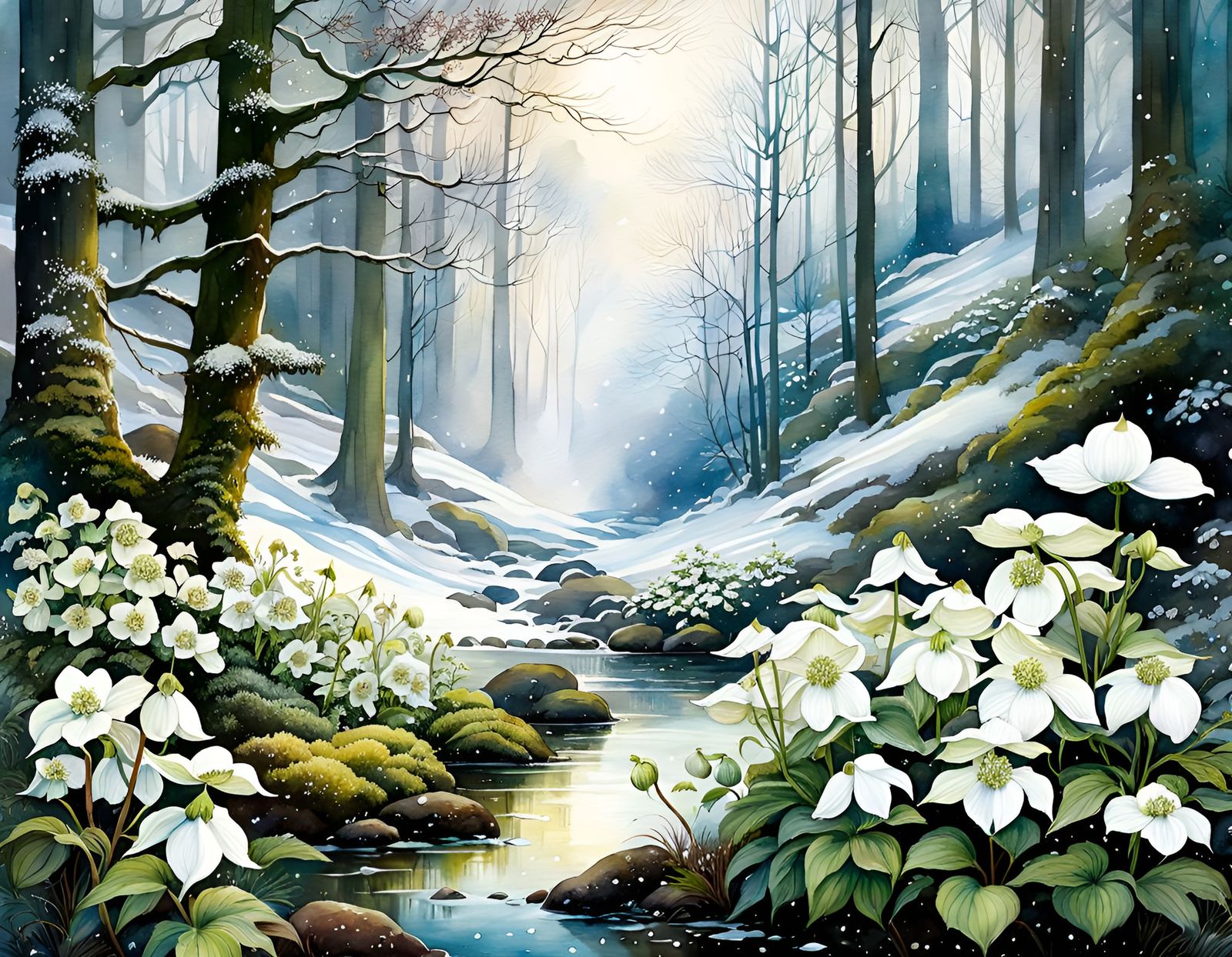 Winter Forestscape with White Hellebores, Watercolor Art