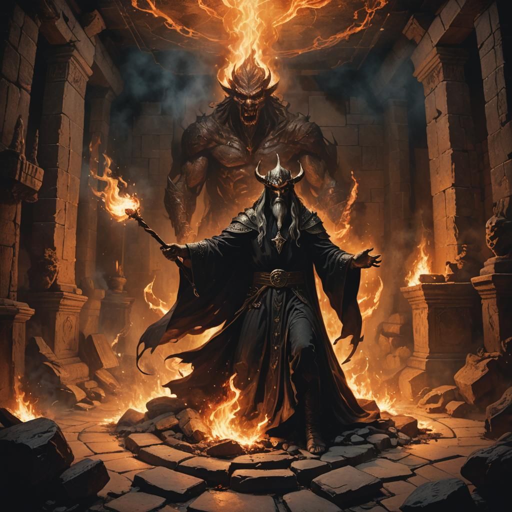 Dark Wizard Unleashes Fiery Demon in Arcane Ritual Chamber