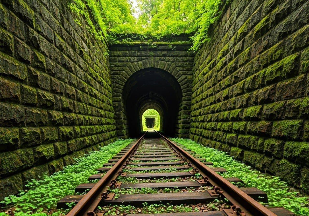 Overgrown Train Tunnel: Nature's Eerie Stillness