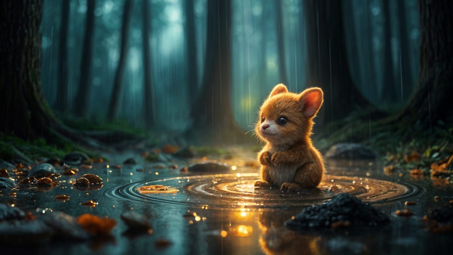 Sunlit Creature in Rainy Forest: Oil Painting