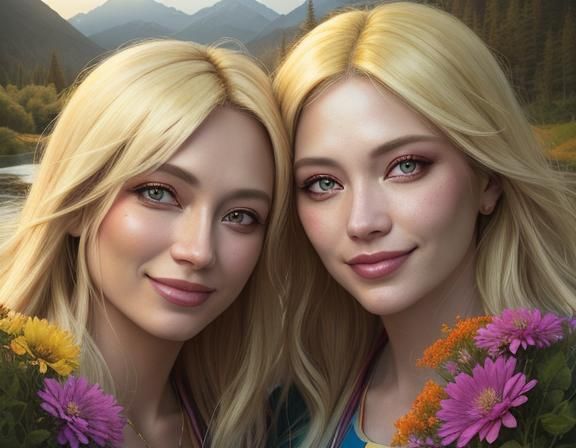 Blonde Woman in Ecstasy with Colorful Landscape