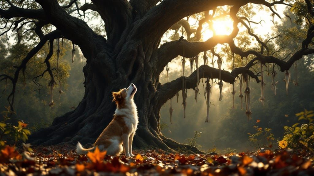 Mysterious Forest Scene with Curious Dog