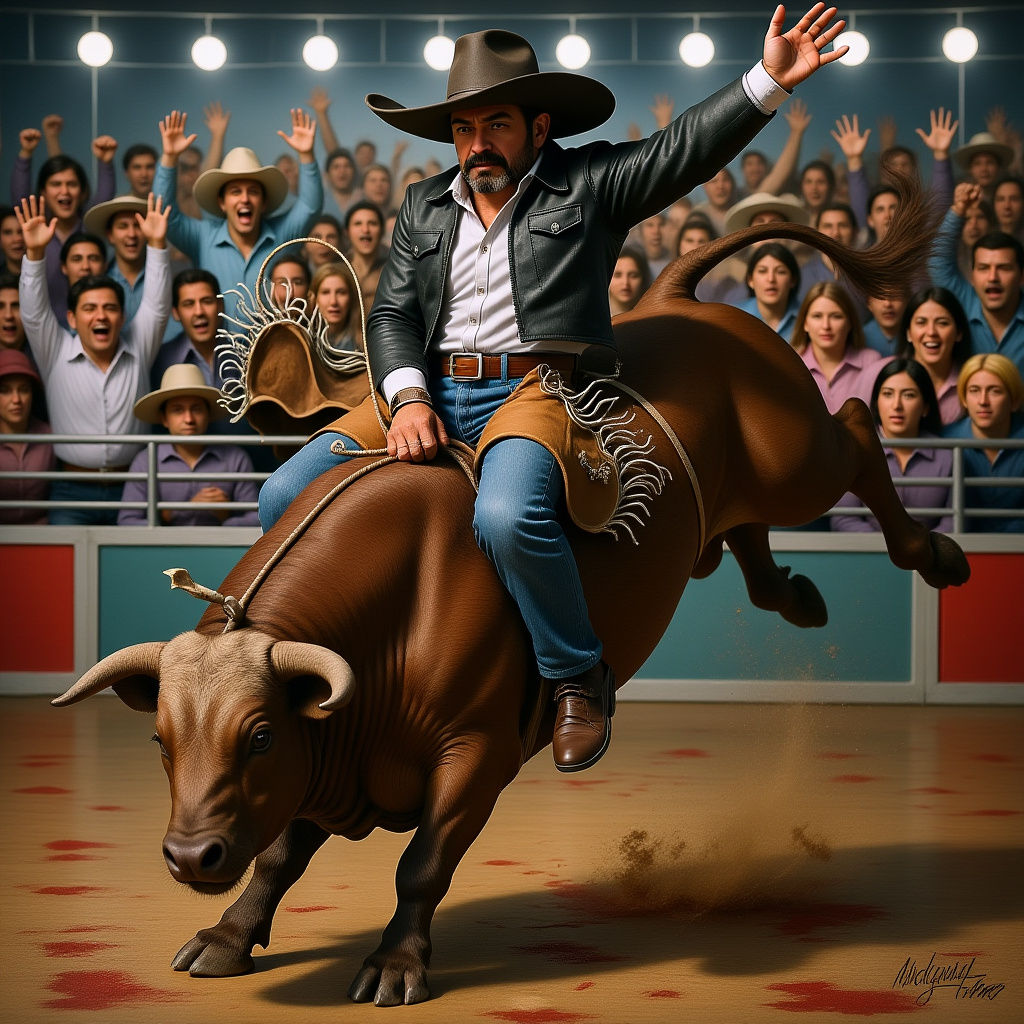 A big muscular and handsome Mexican cowboy is riding a fierc...