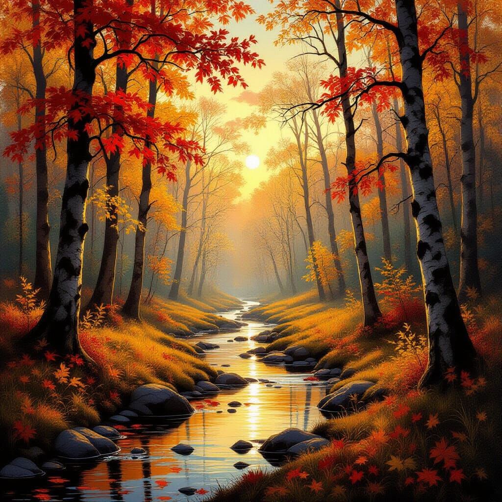 Vibrant Autumn Forest Stream at Golden Hour