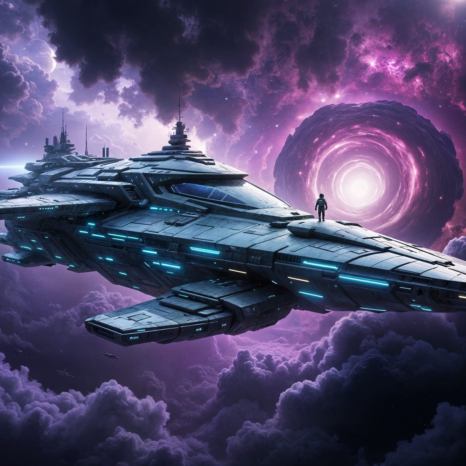 Majestic Interstellar Starship in Vibrant Cosmic Landscape