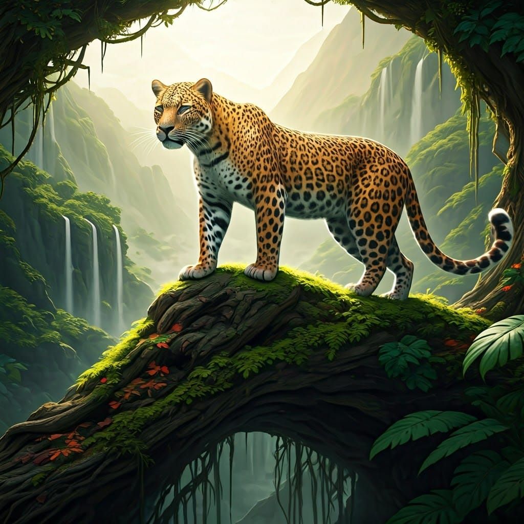 Majestic Leopard in Lush, Misty Landscape