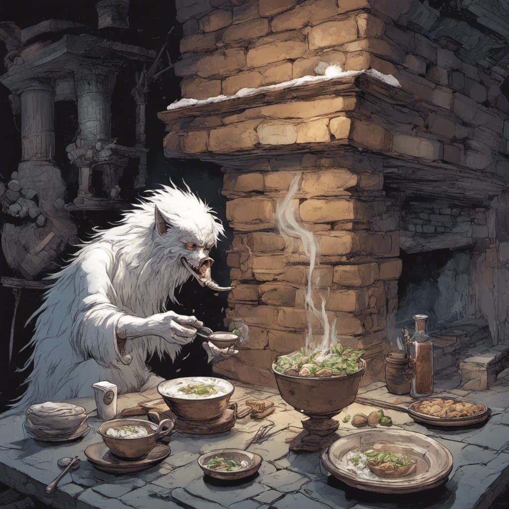 White Fur Creature Eats Soup: Frazetta-Style Dark Fantasy