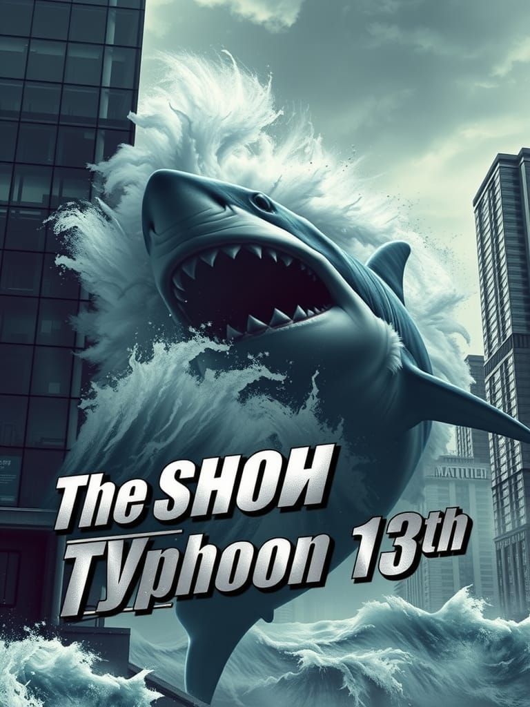 Shark Typhoon Breaches Futuristic Cityscape in Gritty Style