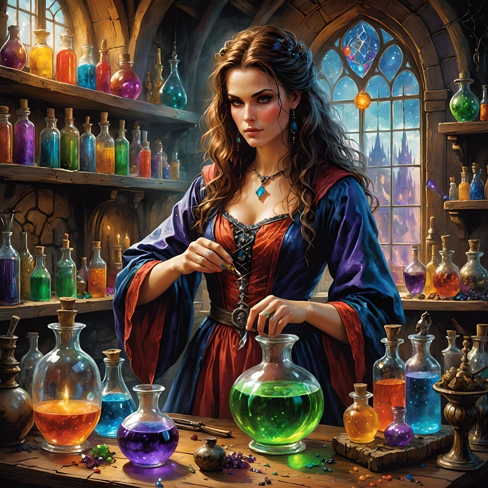 Colorful Witch Brews Potion in Fairytale Comic Style