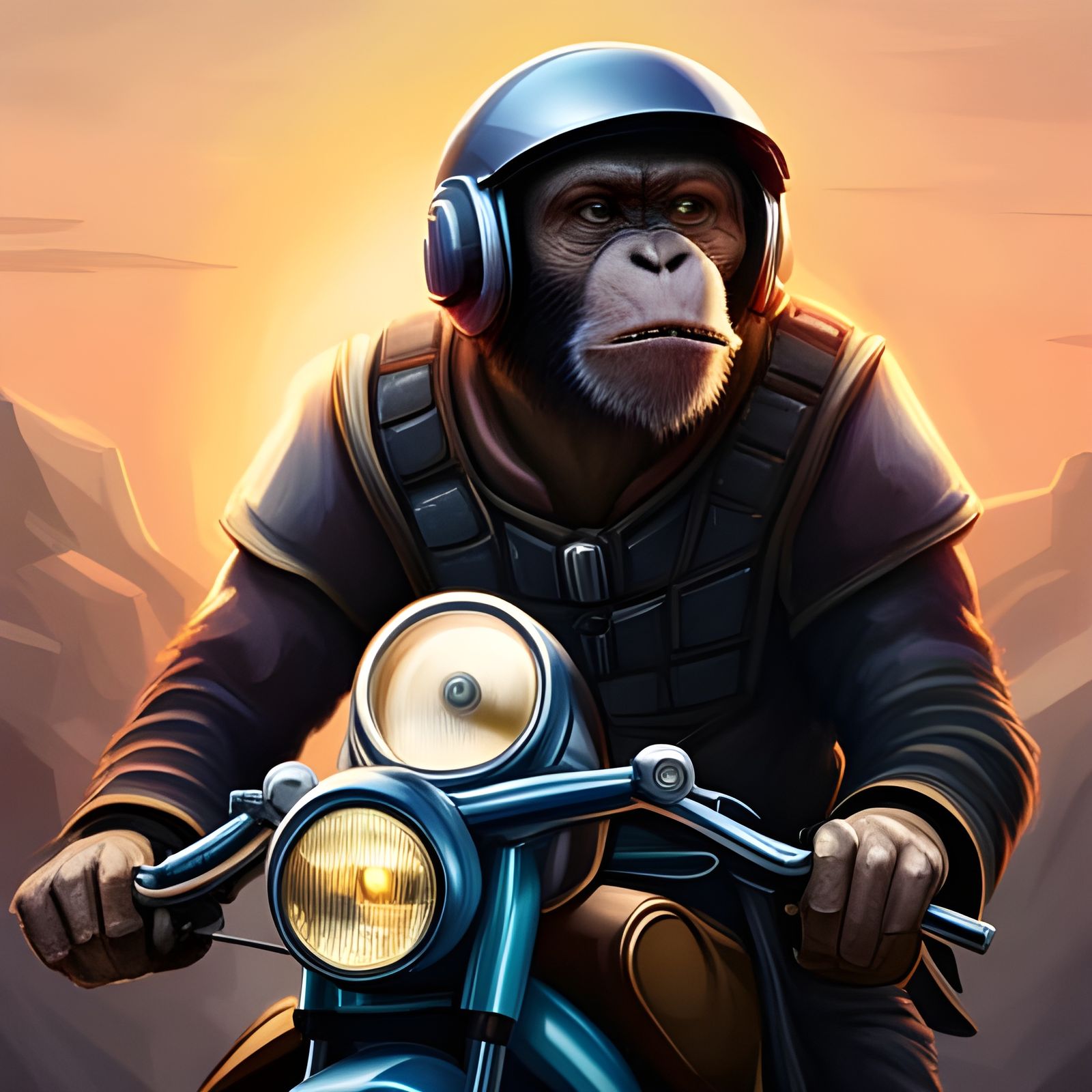 Armored Chimpanzee Rides Motorcycle: Hyperdetailed Cinematic...