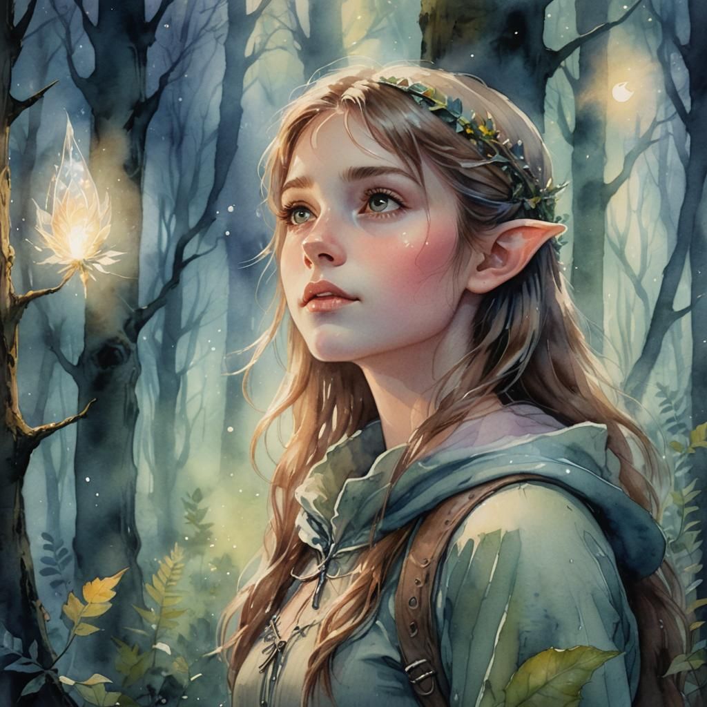 Ethereal Elf in Misty Forest: Watercolor Fantasy Art