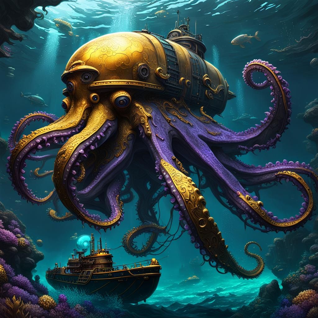Golden Octopus Attacks OceanPunk Submarine in Dark Fantasy A...