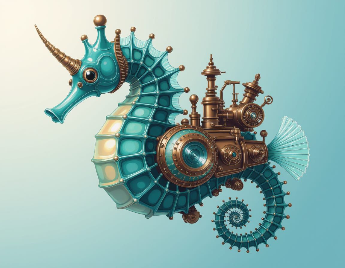 Glass Steampunk Seahorse with Abstract Fractal Design
