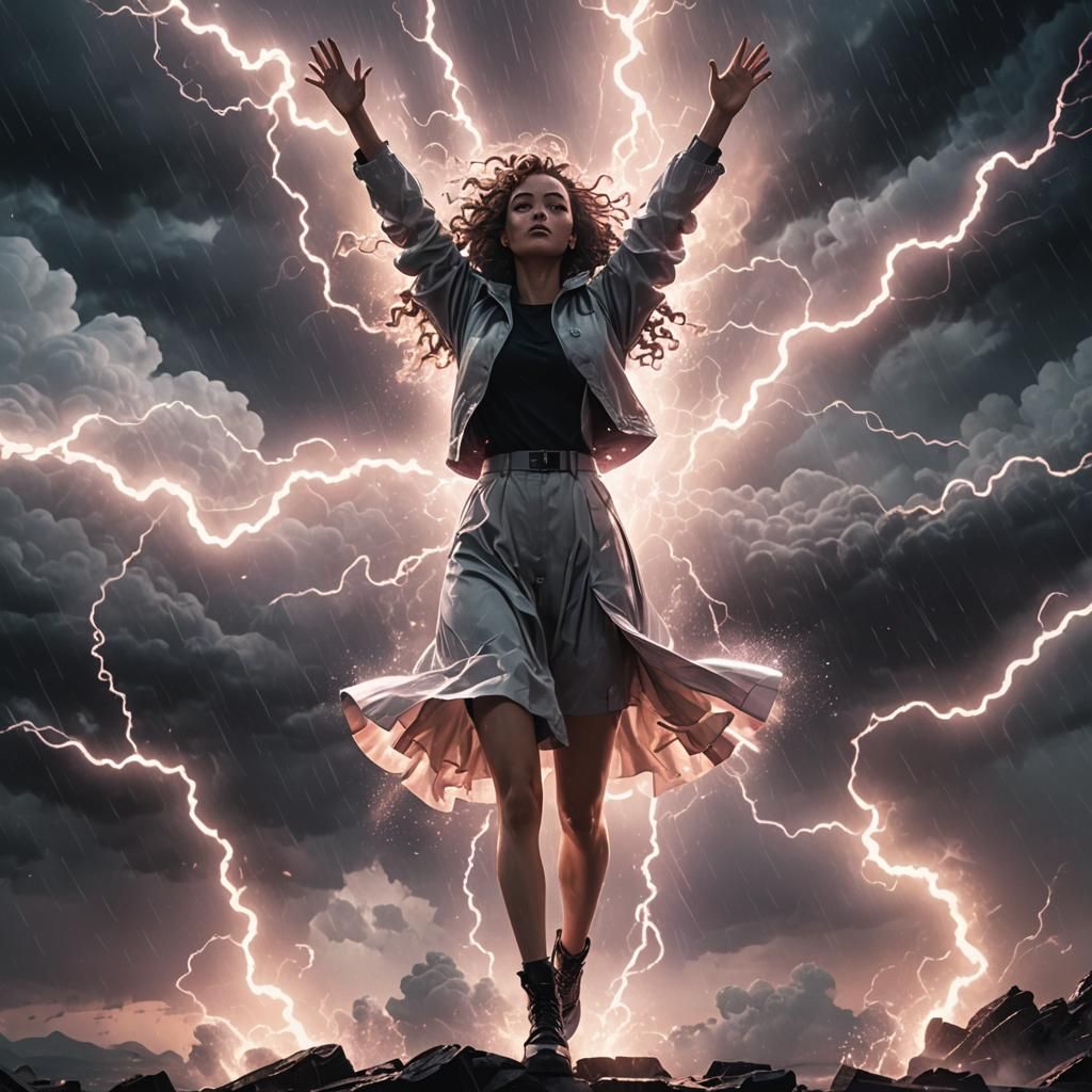 Weather Girl in Vaporwave Storm: Cinematic Dark Fantasy