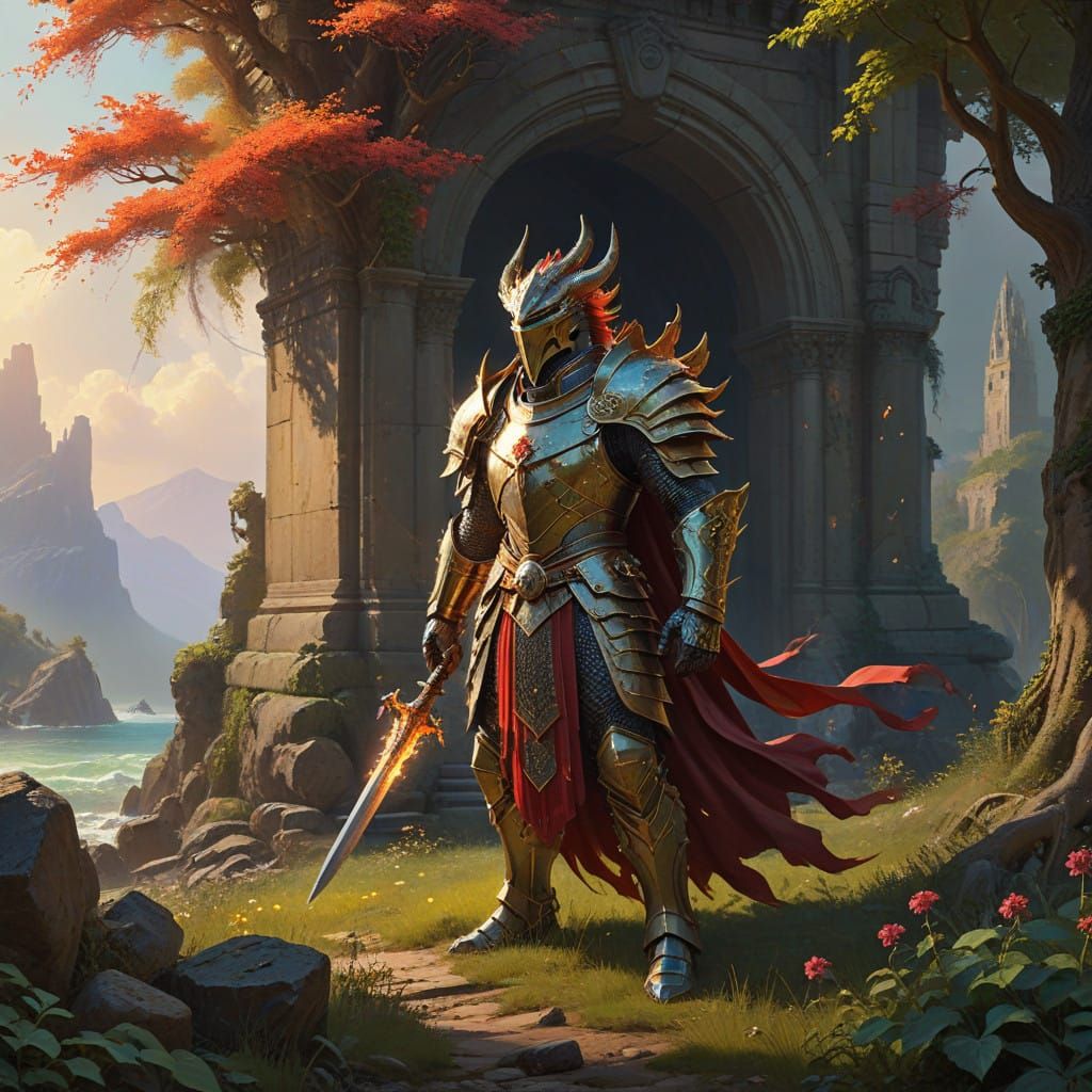 Majestic Castle Ruins with Golden Dragon and Warrior