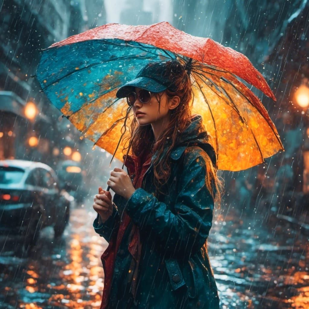 Girl with Umbrella in Rainy Scene