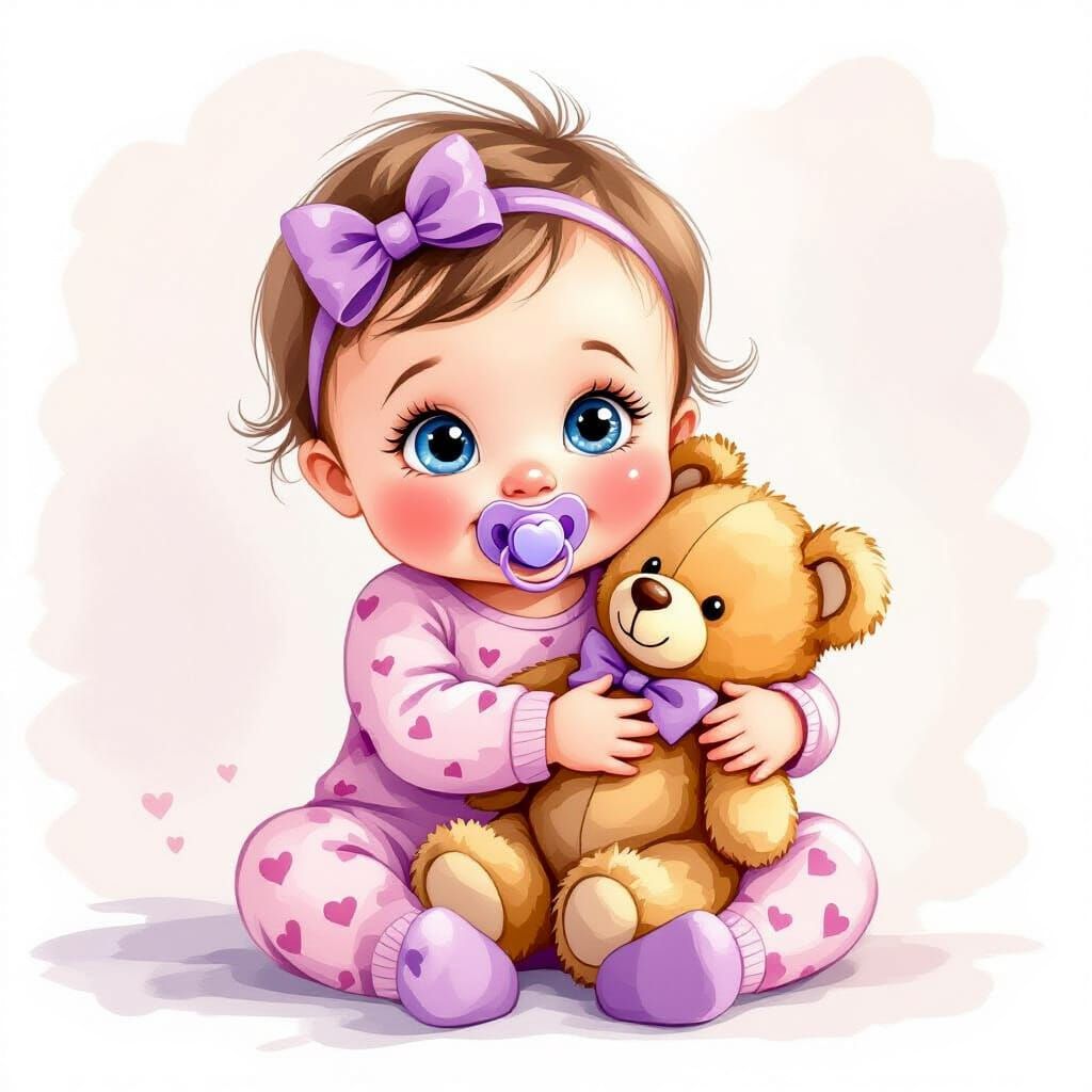 Watercolor Painting of Adorable Baby with Teddy Bear