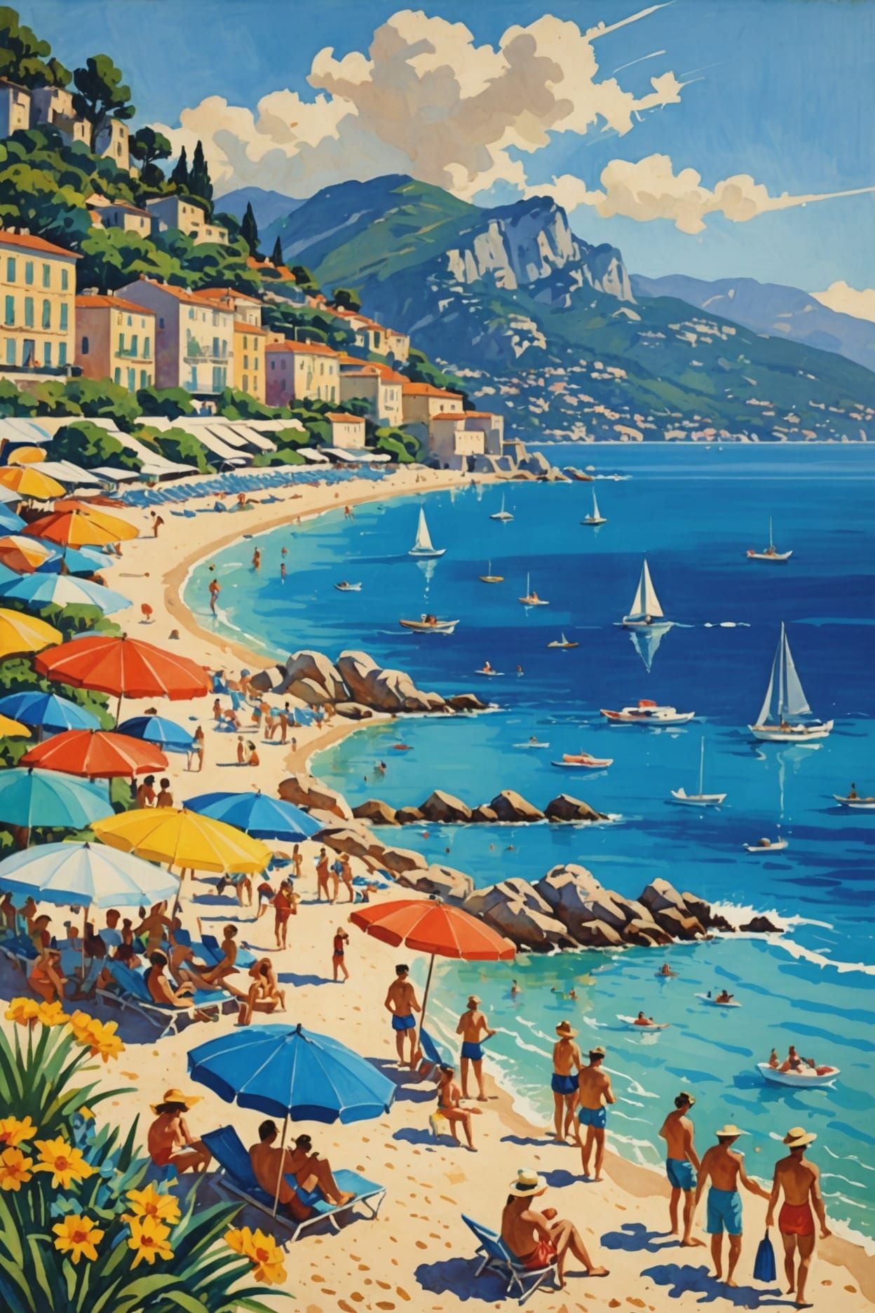 Côte d'Azur Beach Scene in Gouache Style