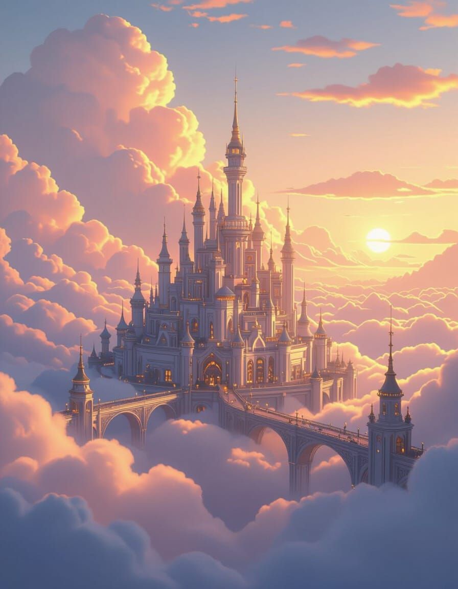 Floating City in Golden Sunlight, Ethereal Sky