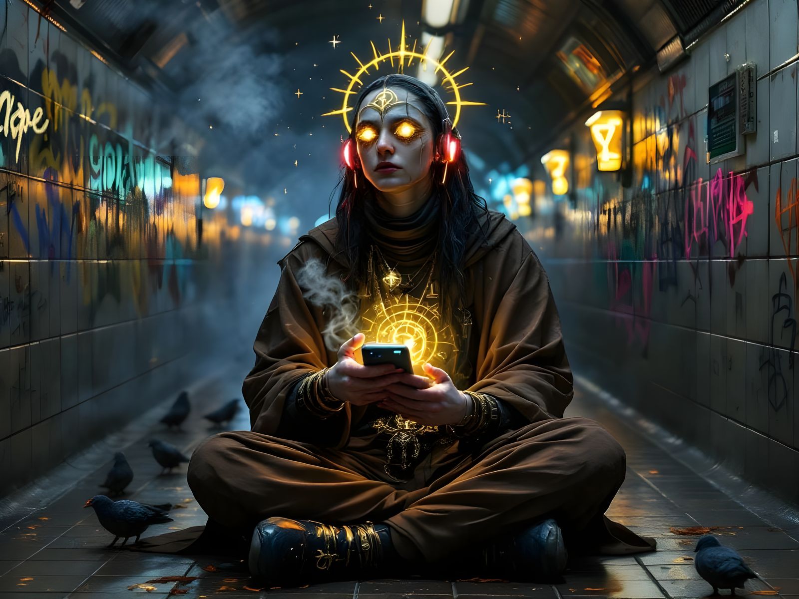 Urban Oracle: A Mythpunk Vision in Cyber-Mysticism Style
