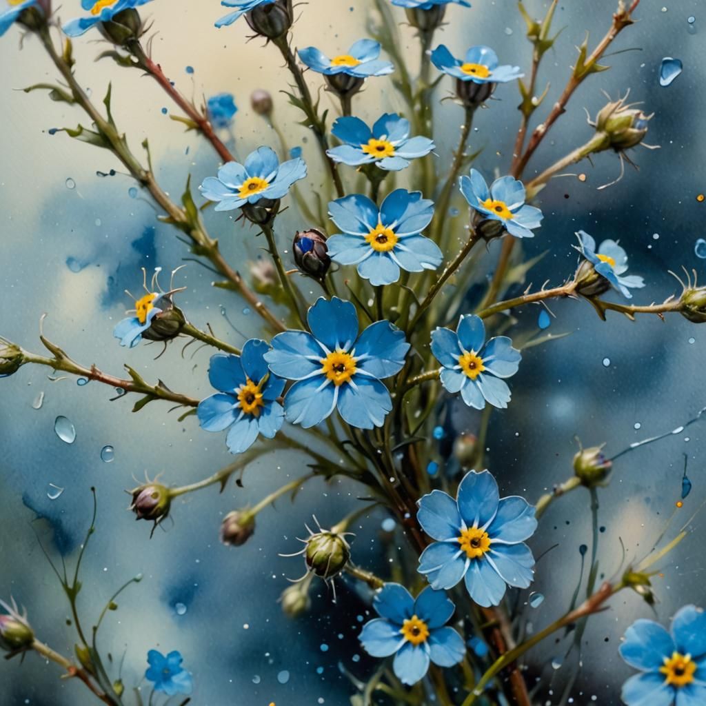 Macro Forget-Me-Not in Delicate Watercolor Style