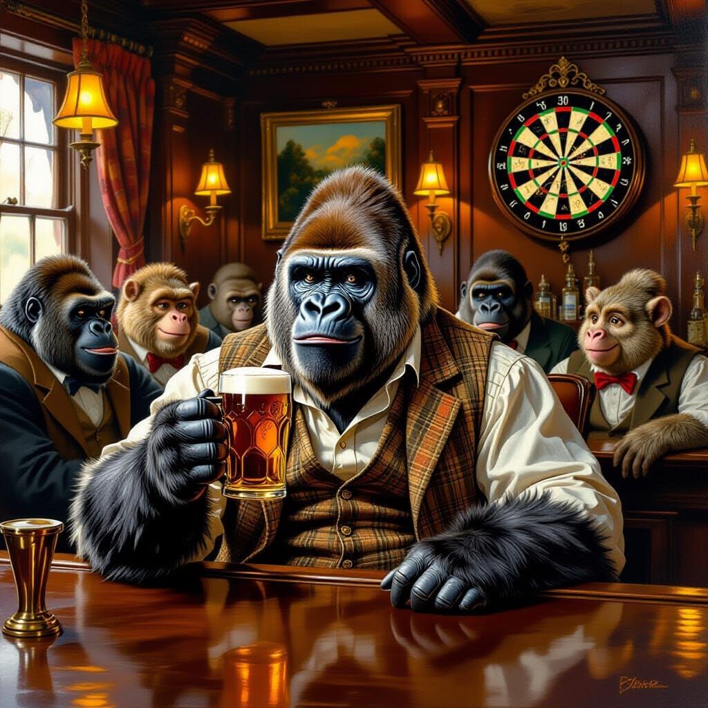 Gorilla Enjoys Pint With Friends in English Pub