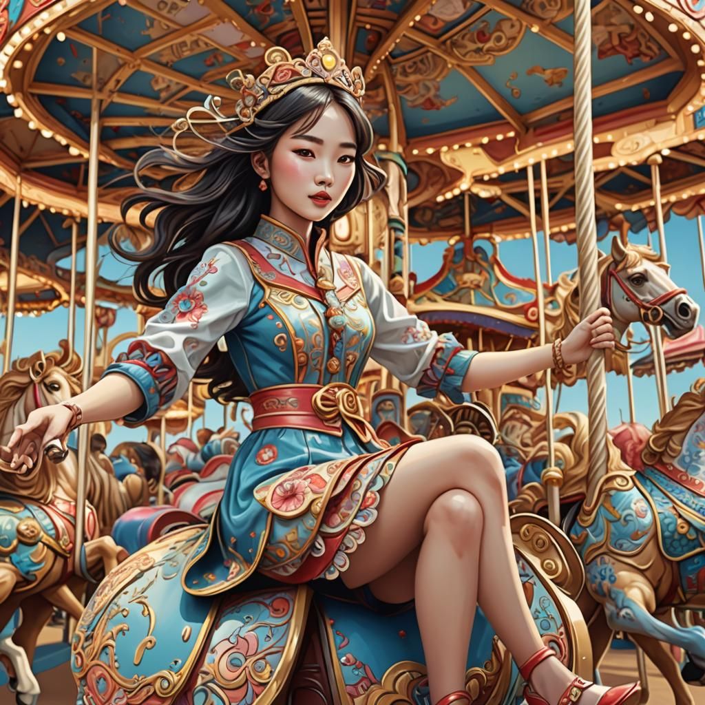 Korean Girl Rides Carousel with Abstract Fractals