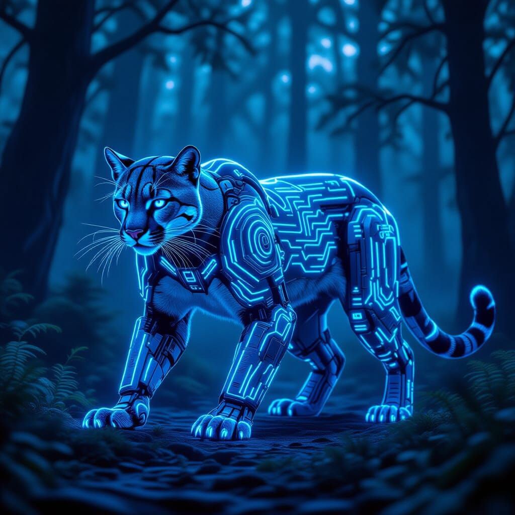 Bioluminescent Biomechanical Cougar in Futuristic Forest