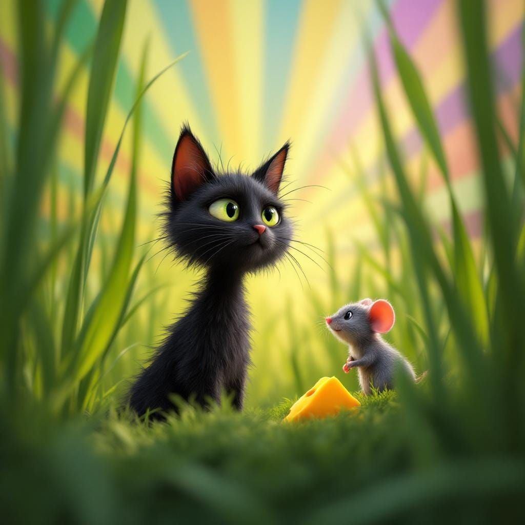 Black Cat Watching Mouse in Pixar Style