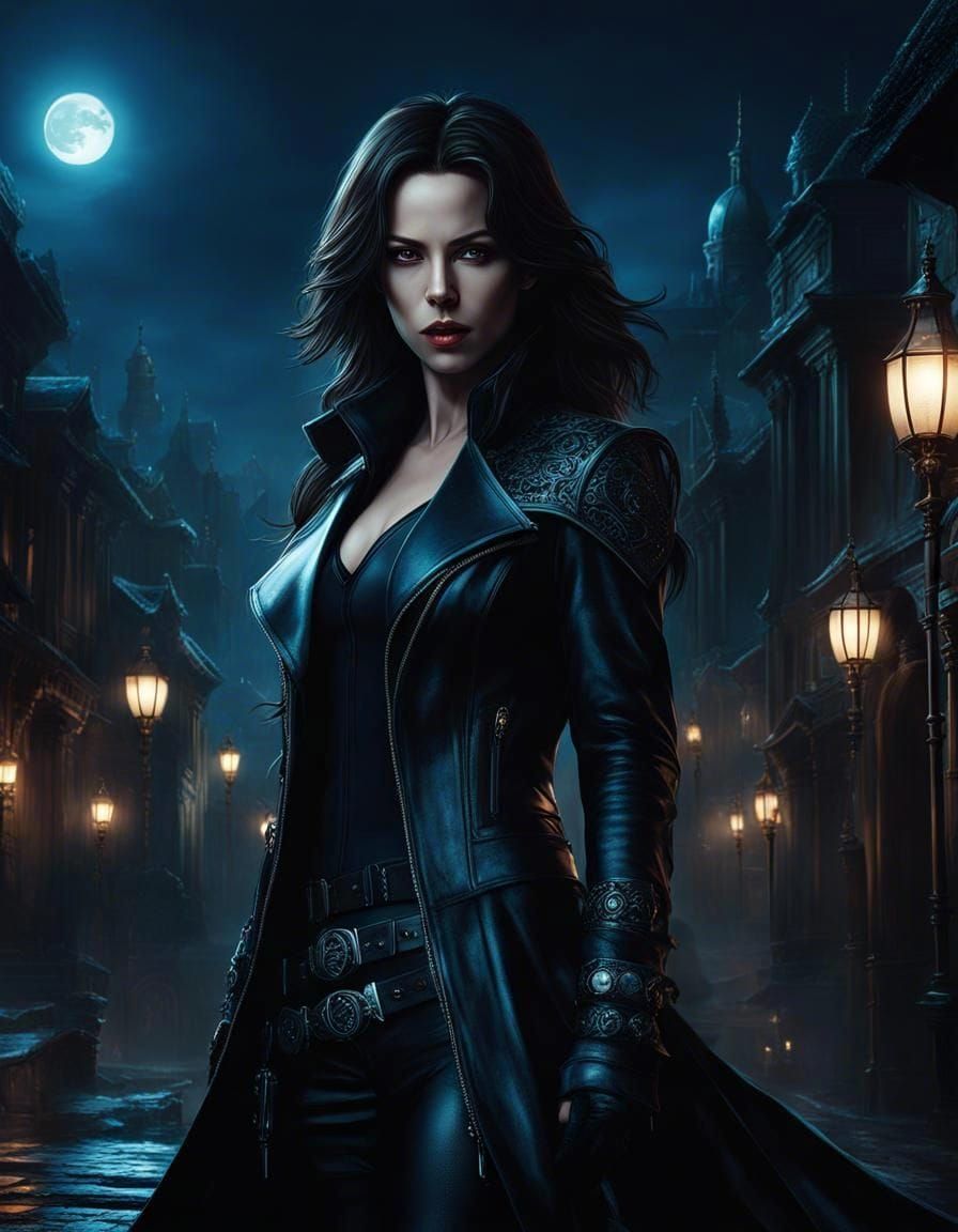 Moonlit Vampire Hunter in Gothic City