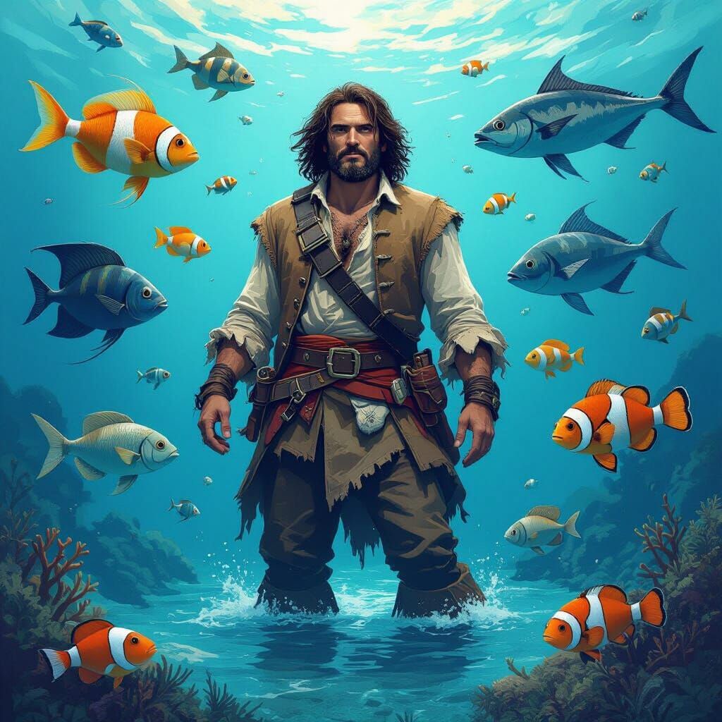 Robinson Crusoe Leads Fish Army: Digital Illustration