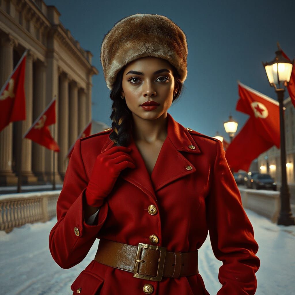 Indian Woman in Red Military Coat and Ushanka Hat in Snowy C...