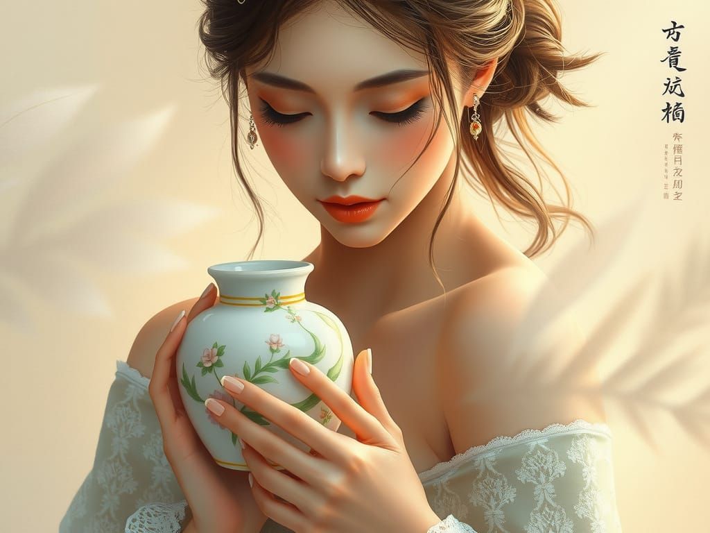 Serene Woman with Porcelain Vase in Dreamy, Ethereal Light