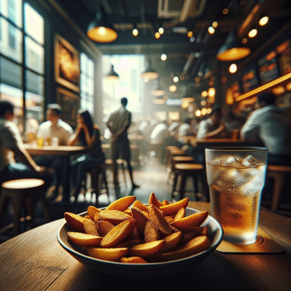 Crispy Potato Wedges in a Cinematic Restaurant Scene