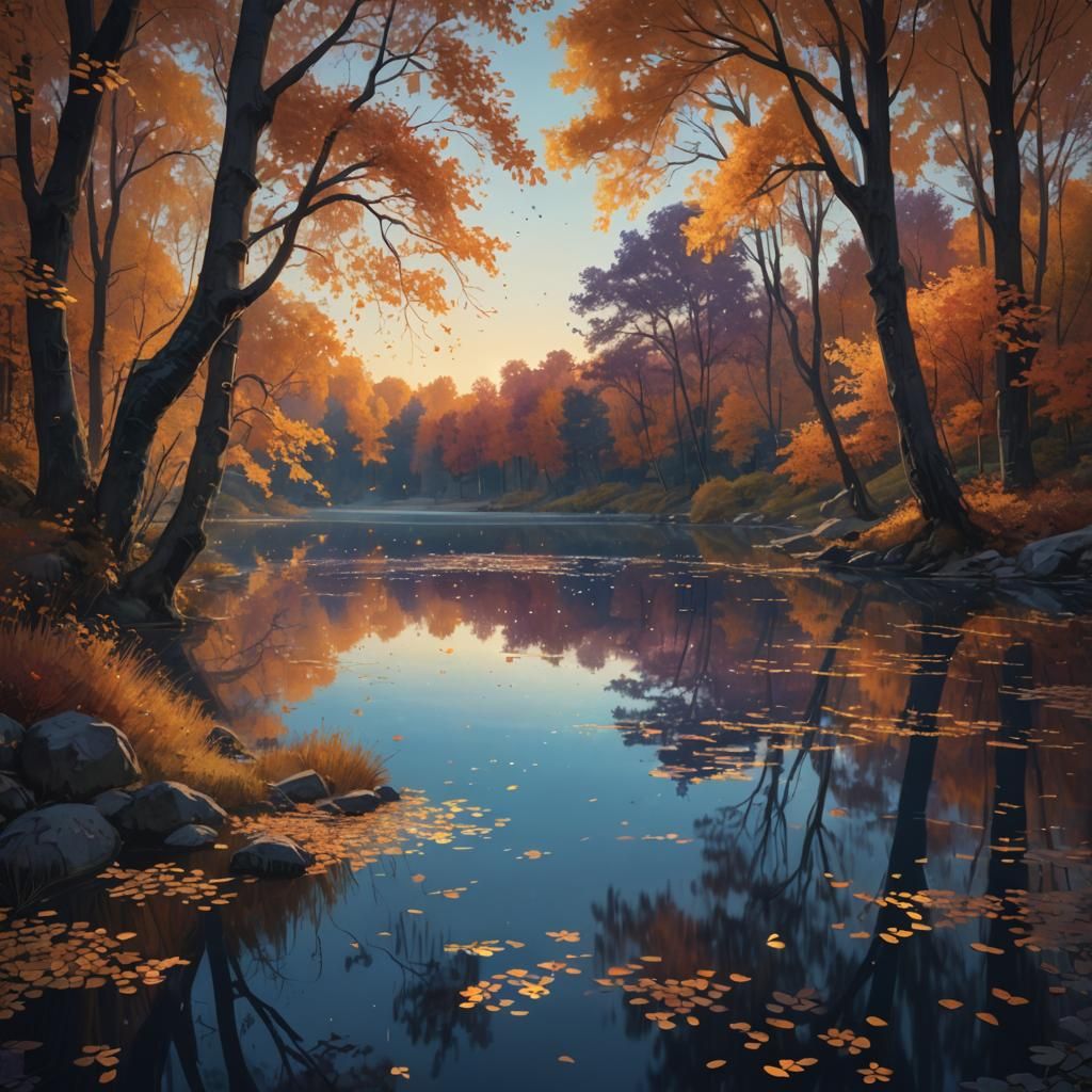 Autumn Lake Impressionist Painting with Fireflies