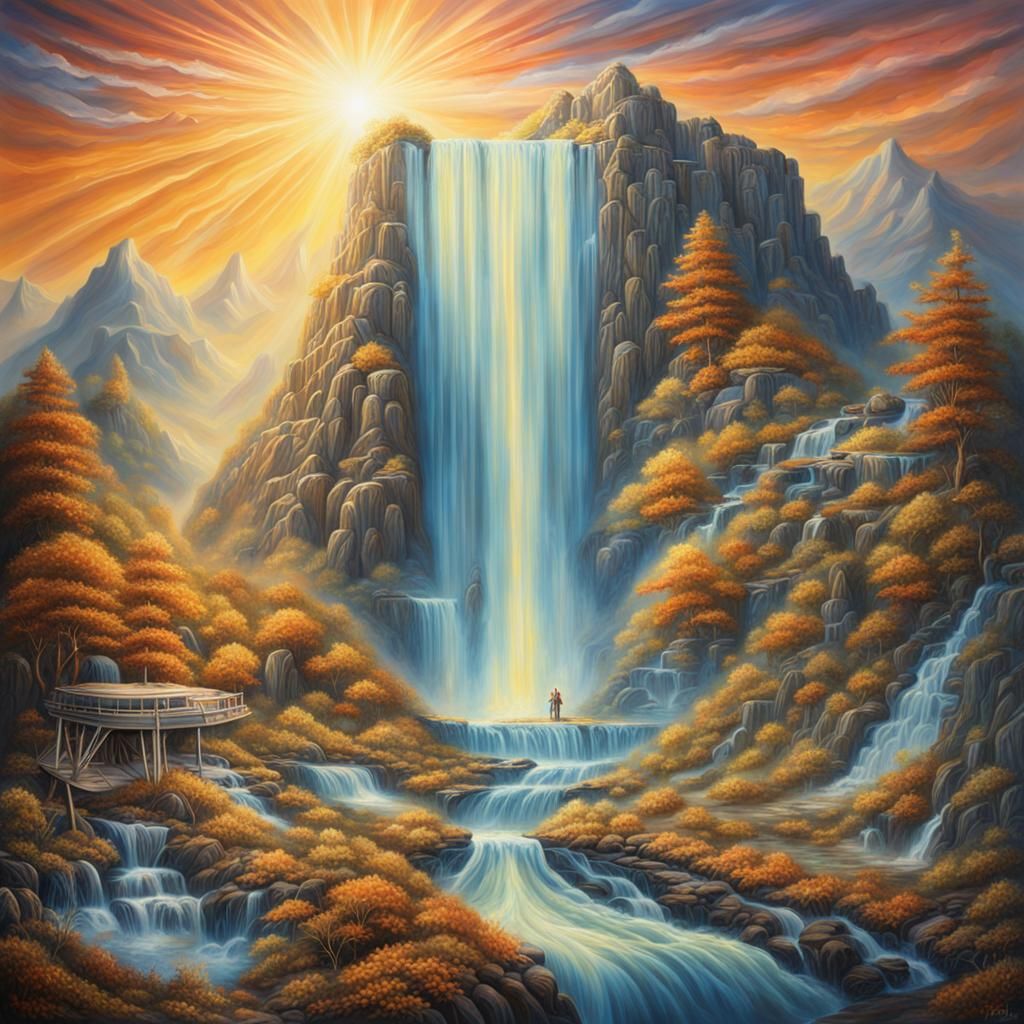 Fantastical Fairy Near Waterfall in Airbrush Art