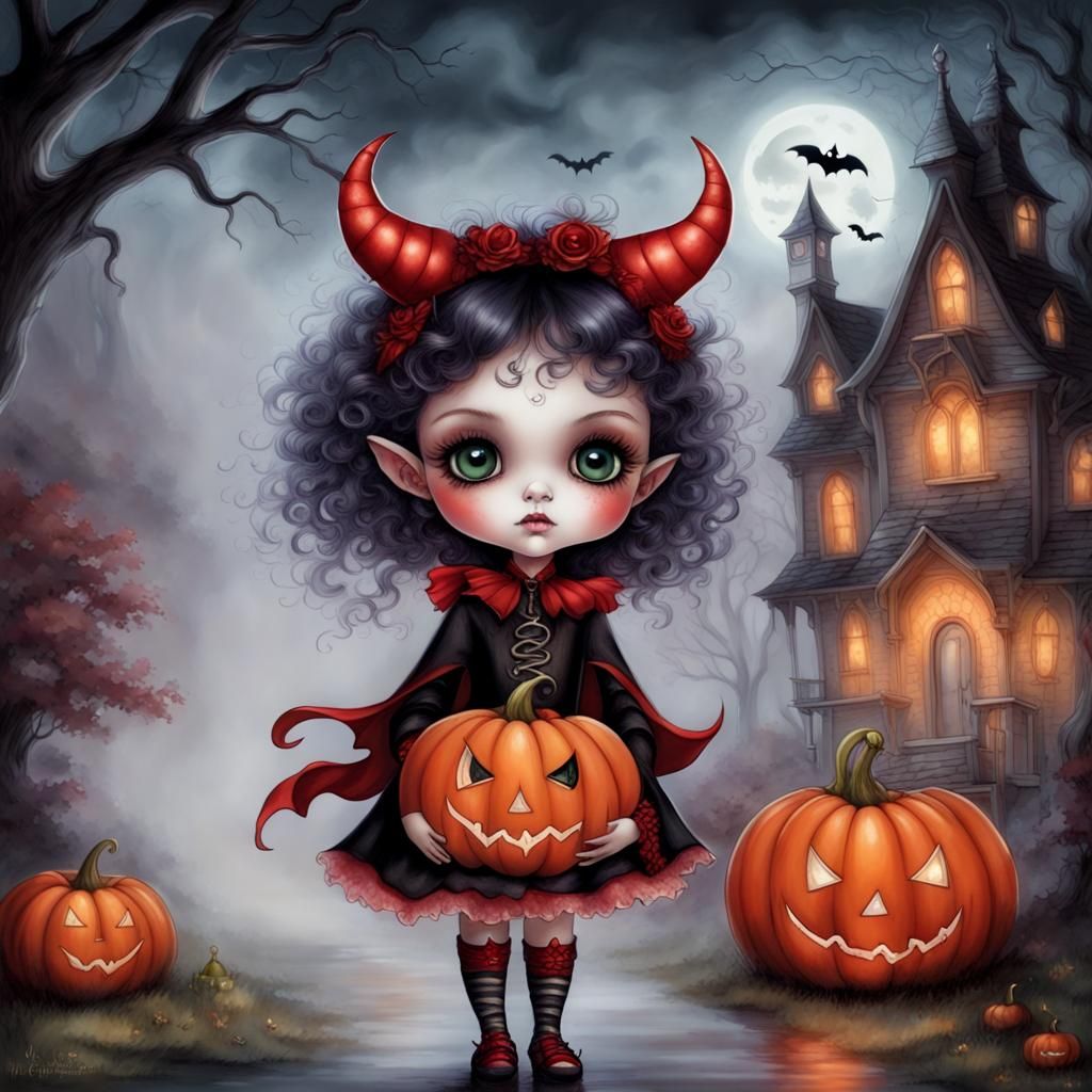 Cute Devil Girl Halloween Fantasy in Storybook Style