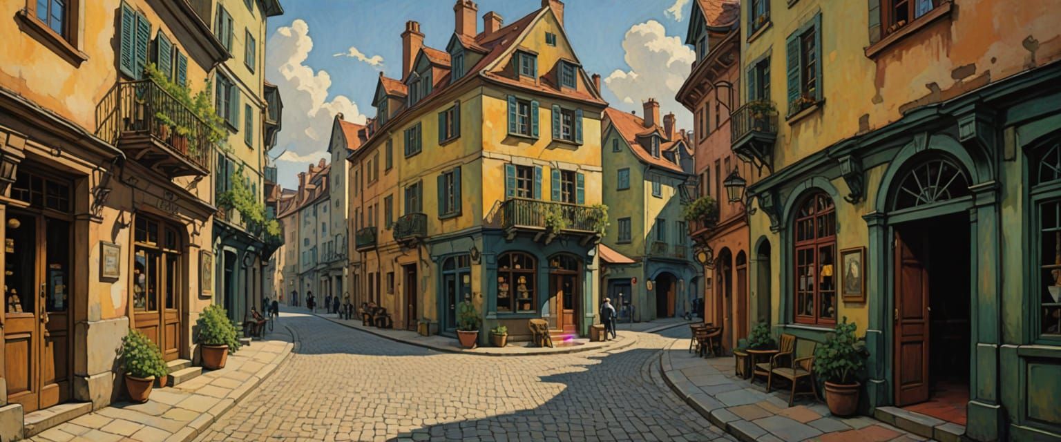 Diagon Alley in Art Nouveau Style with Bright Sunlight