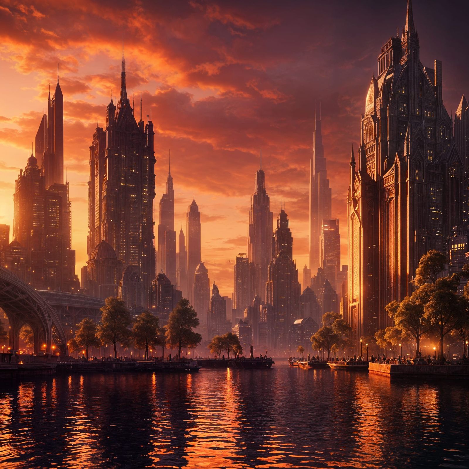 Fantasy City Skyline at Sunset Matte Painting