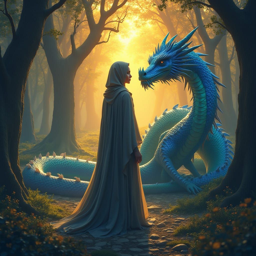 Ethereal Forest Goddess Surrounded by Majestic Dragon in Dre...