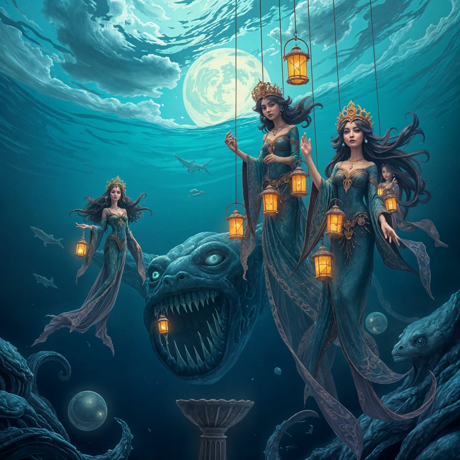 Mythical Sirens Confronted by a Sea Monster in Dark Depths