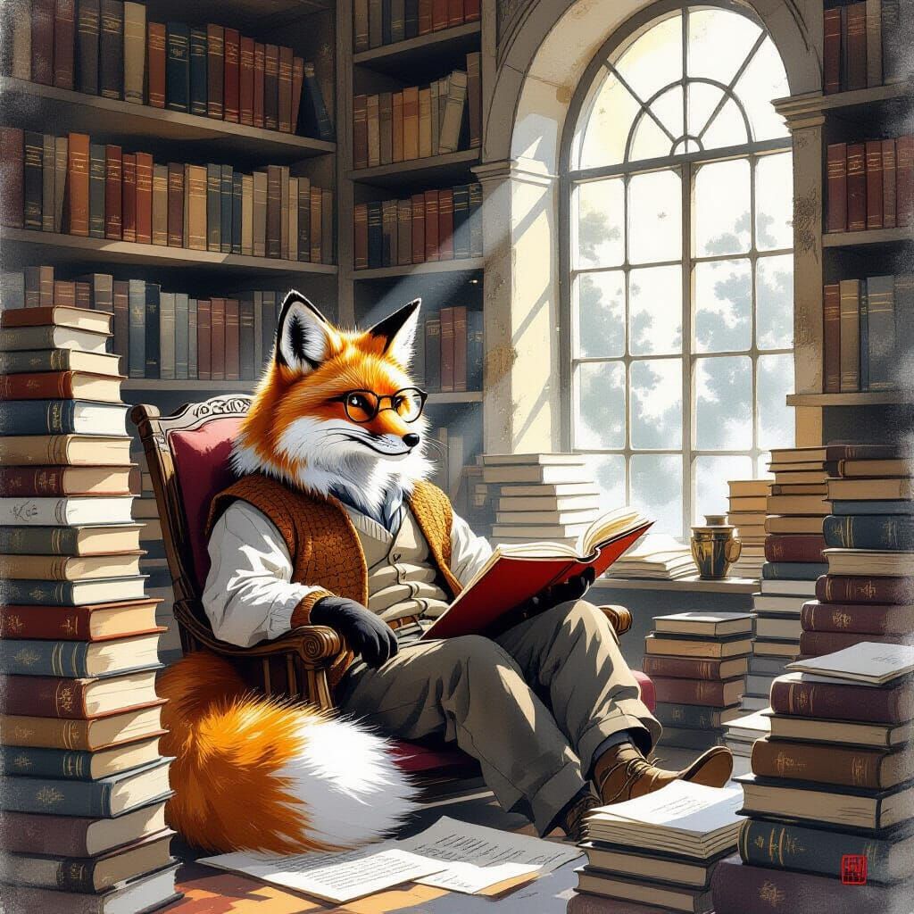 Wise Fox Reading Books in Sunlit Library