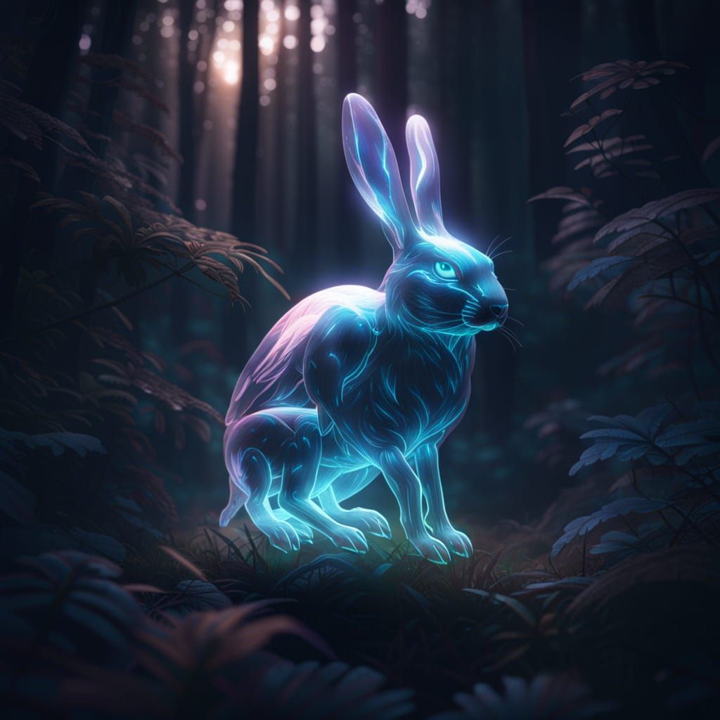 Ethereal Ghost Bunny Over Dark Forest